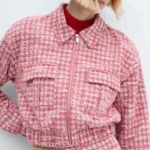 MNG MANGO Pink Houndstooth Tweed Crop Bomber Jacket Blazer Style Medium